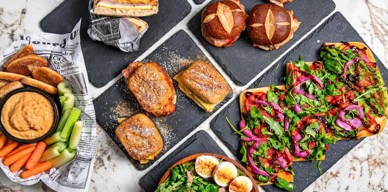 An overhead spread from the kitchen: flatbreads, sandwiches and salad on slate boards