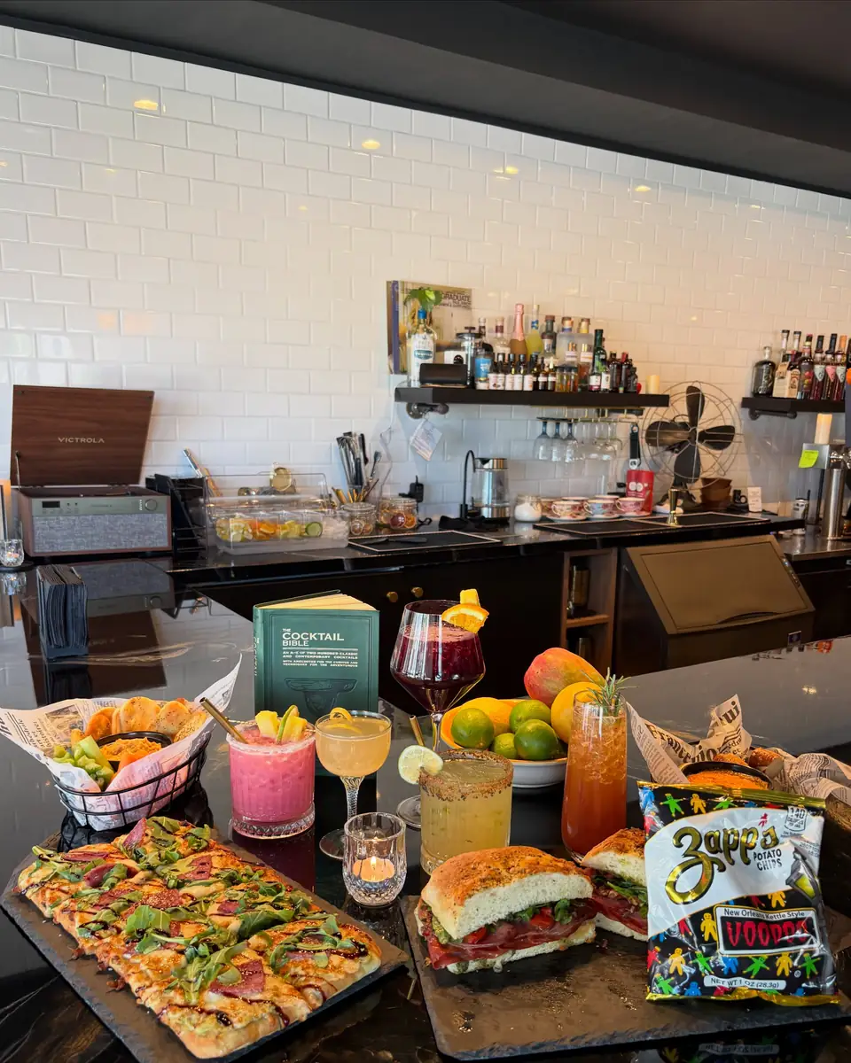 A spread of food and alcohol-free drinks on the bar