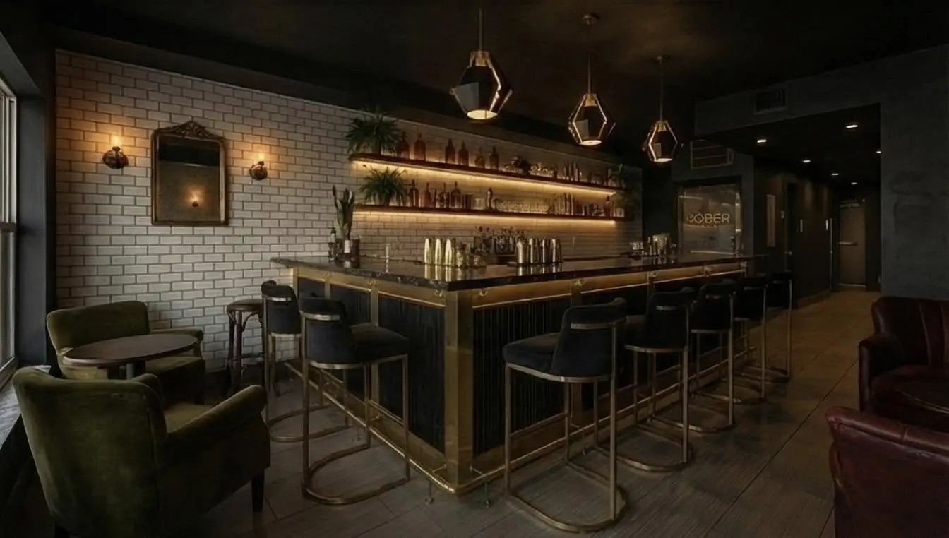 The bar room: white subway tile, a brass-trimmed bar and pendant lights